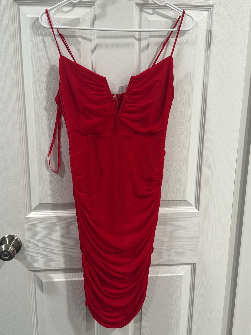 Red Ruched Spaghetti-Strap Mini Dress